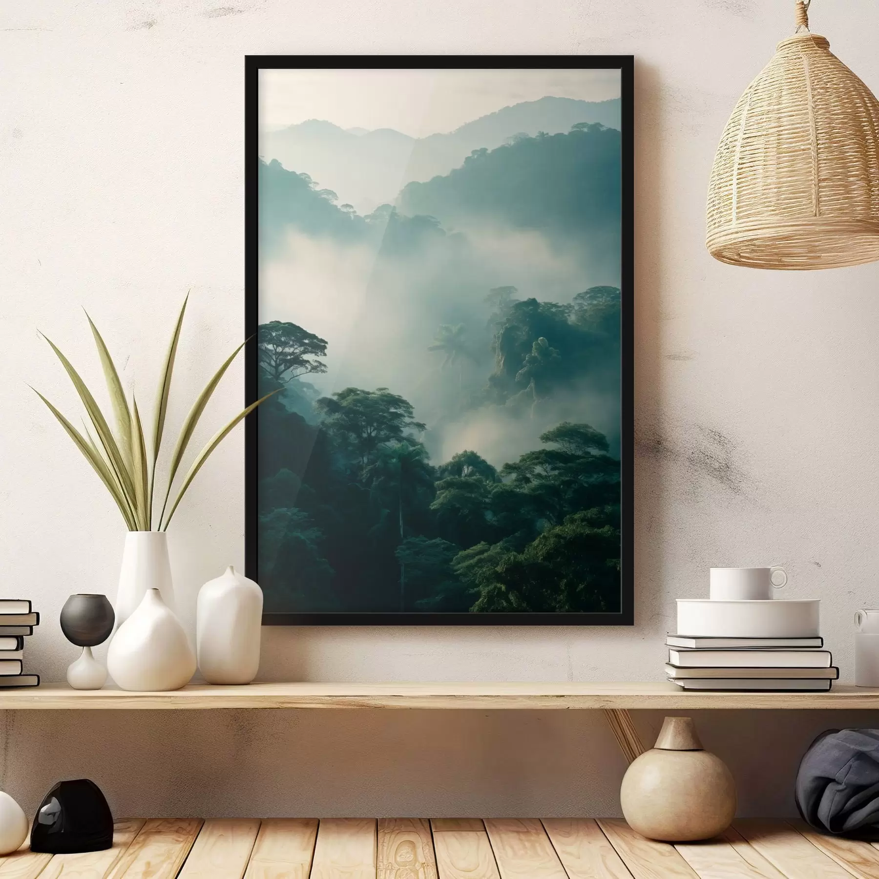 Fototapete Tropischer Regenwald mit üppig grünen Bäumen und einer dicken Nebelschicht, die eine stimmungsvolle Umgebung schafft f45189