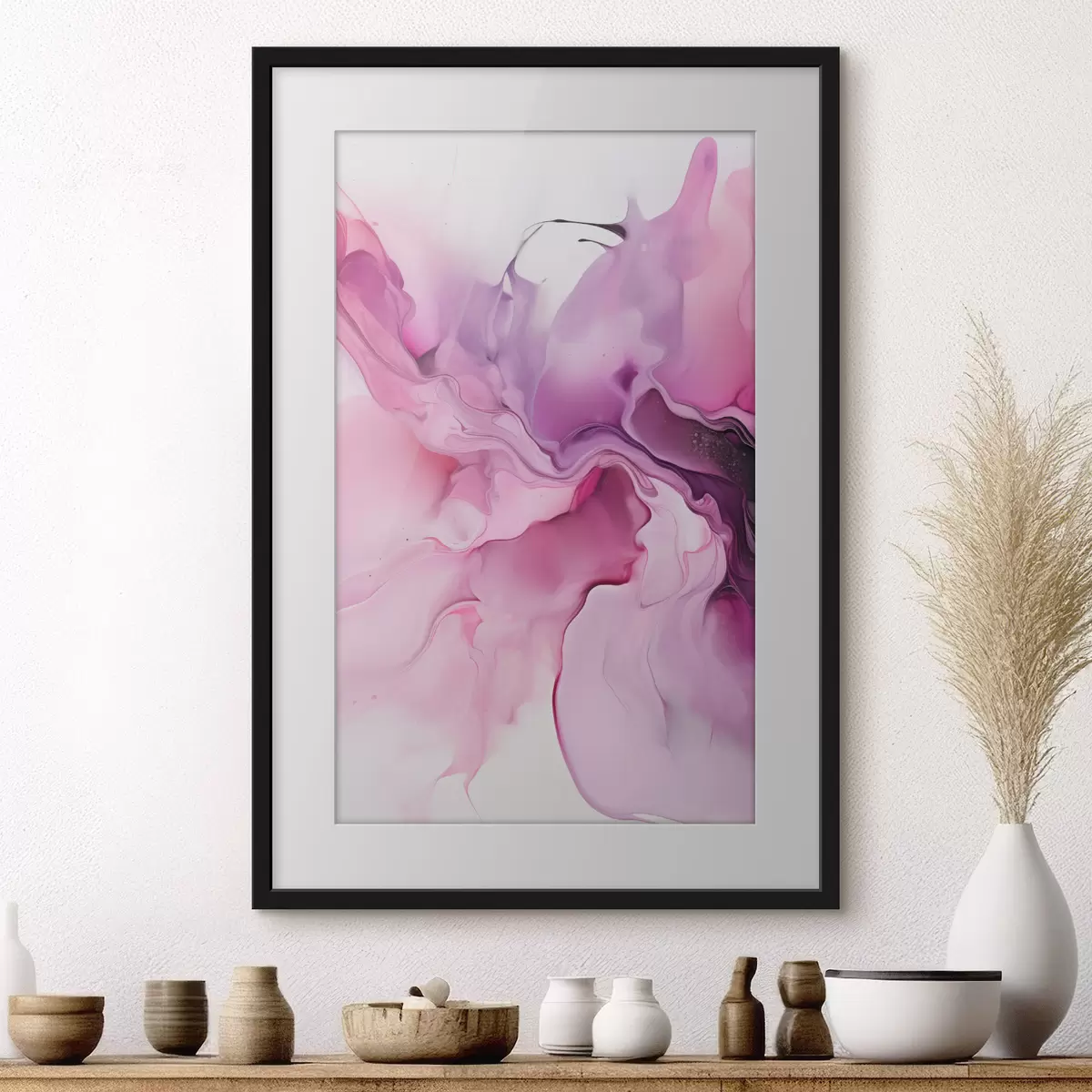 Poster Abstrakte Wirbel aus Rosa, Lila und Schwarz gehen in einer fließenden, organischen Komposition ineinander über und erzeugen ein Gefühl von Bewegung f45195