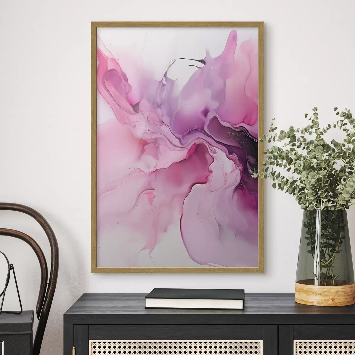 Poster Abstrakte Wirbel aus Rosa, Lila und Schwarz gehen in einer fließenden, organischen Komposition ineinander über und erzeugen ein Gefühl von Bewegung f45195