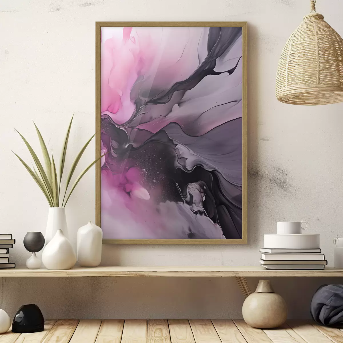 Poster Abstrakte Wirbel aus Rosa, Lila und Schwarz gehen in einer fließenden, organischen Komposition ineinander über und erzeugen ein Gefühl von Bewegung f45196