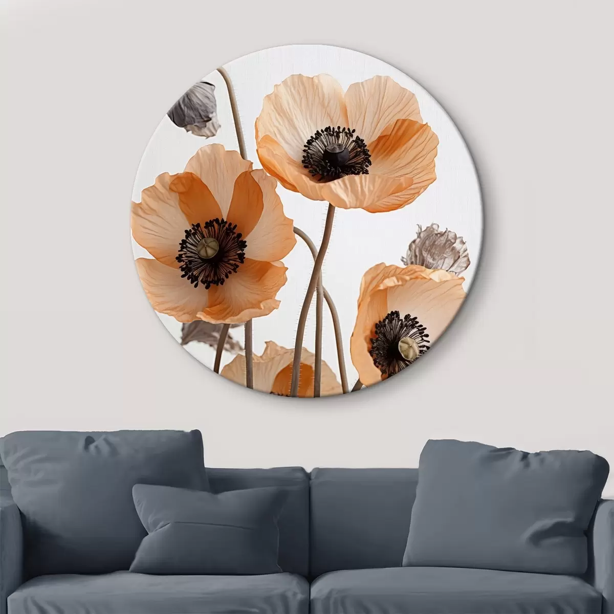 Runde Wandbilder Orangefarbene Mohnblumen, getrocknete Blumen vor einem hellen Hintergrund, weiche Beleuchtung, zarte Blütenblätter, Blumenarrangement r45167