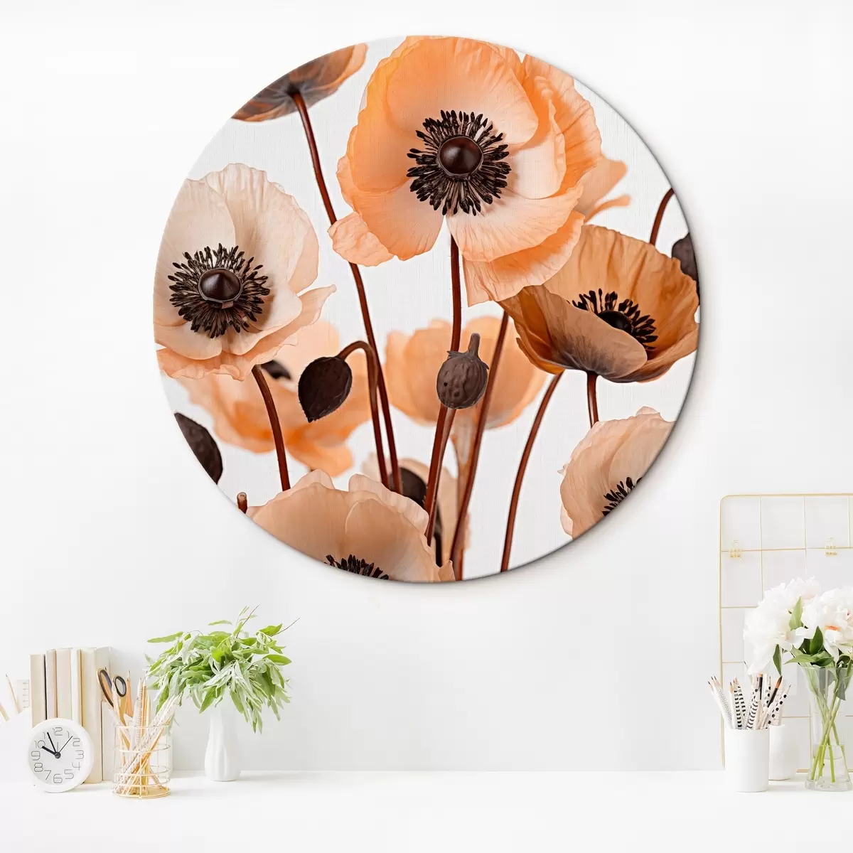 Runde Wandbilder Orangefarbene Mohnblumen, getrocknete Blumen vor einem hellen Hintergrund, weiche Beleuchtung, zarte Blütenblätter, Blumenarrangement r45168
