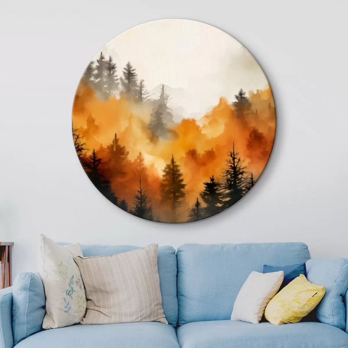 Runde Wandbilder Eine Landschaft Aquarell Malerei Nachahmung eines Waldes mit hohen Kiefern und Berge im Hintergrund r45169