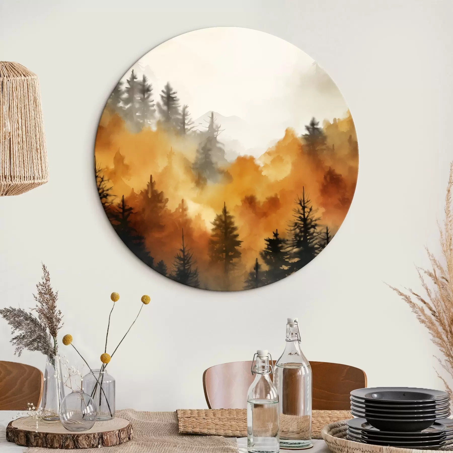Fototapete Eine Landschaft Aquarell Malerei Nachahmung eines Waldes mit hohen Kiefern und Berge im Hintergrund r45169
