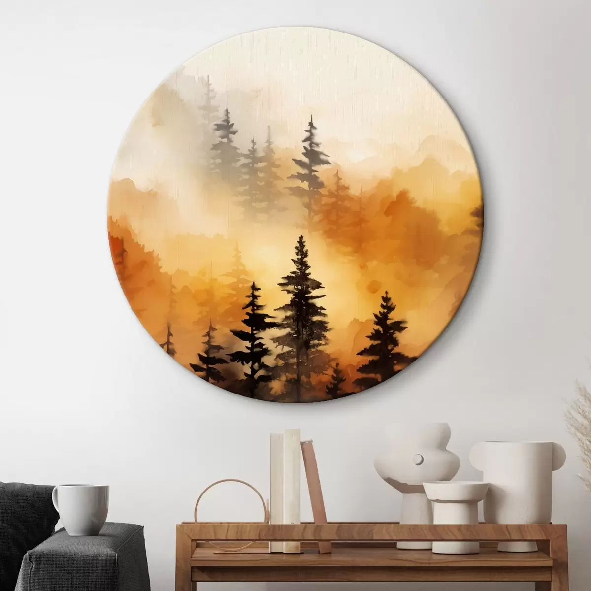 Runde Wandbilder Eine Landschaft Aquarell Malerei Nachahmung eines Waldes mit hohen Kiefern und Berge im Hintergrund r45170