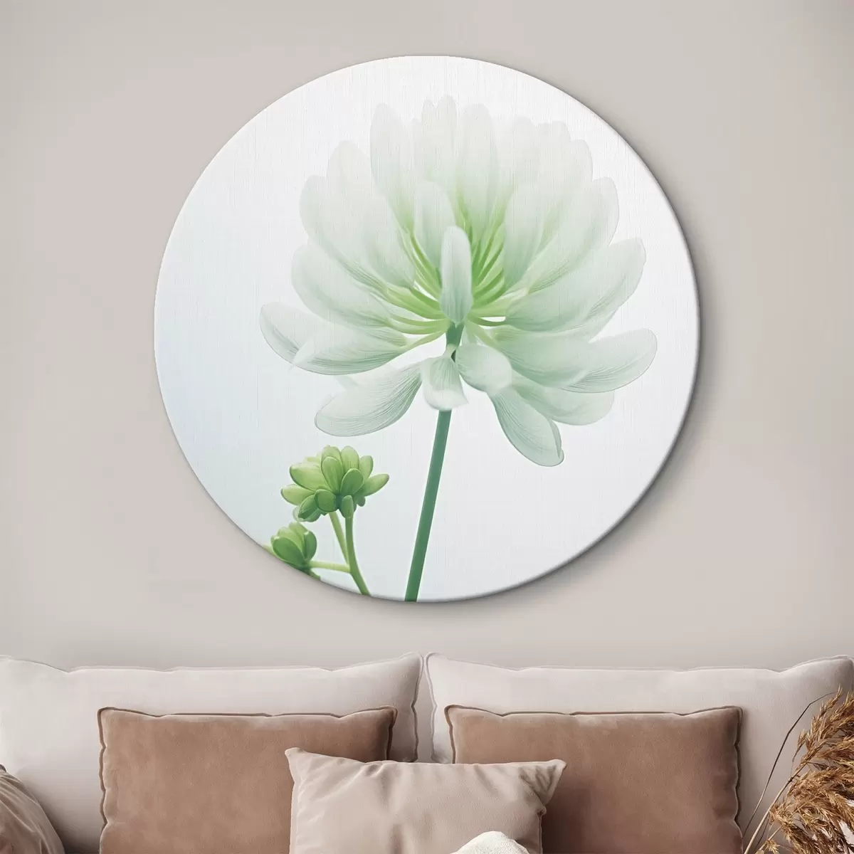 Runde Wandbilder Weißer Klee Blume mit grünen Stiel und Blätter, weiche Beleuchtung, sauberen Hintergrund, minimalistische Komposition, botanische r45171