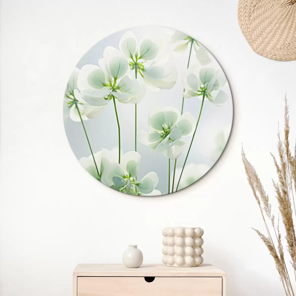 Runde Wandbilder Weißer Klee Blumen mit grünen Stiel und Blätter, weiche Beleuchtung, sauberen Hintergrund, minimalistische Komposition, botanische r45172