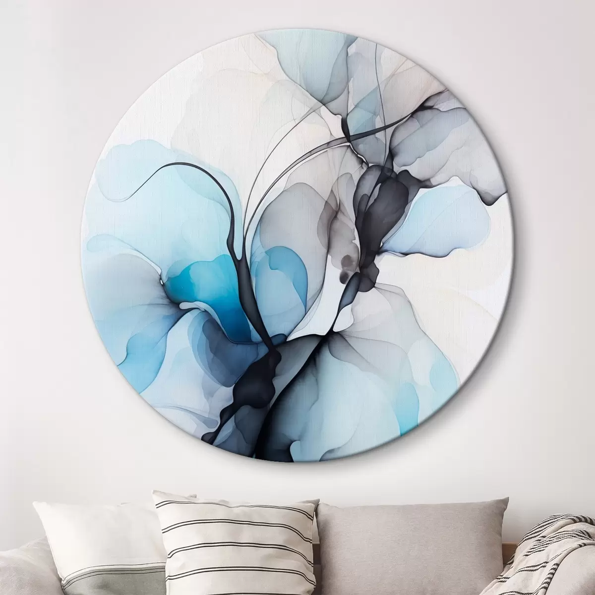 Runde Wandbilder Abstrakte Komposition mit fließenden Linien und durchscheinenden Blütenblättern in blauen, weißen und beigen Farbtönen, Alkoholtintenimitation r45177