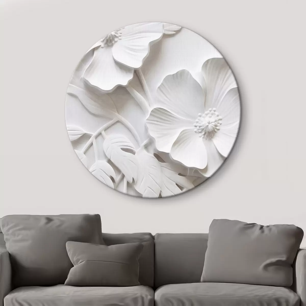 Runde Wandbilder Dekorative minimalistische weiße Blumen mit Blättern, Relief-Imitation, weißer Hintergrund r45179