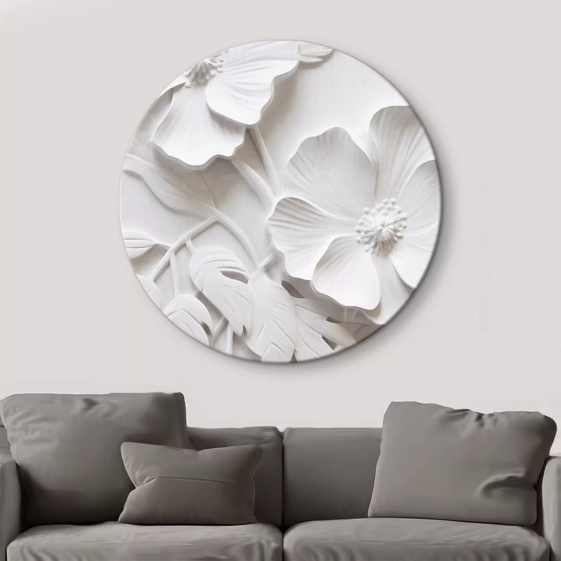 Fototapete Dekorative minimalistische weiße Blumen mit Blättern, Relief-Imitation, weißer Hintergrund r45179