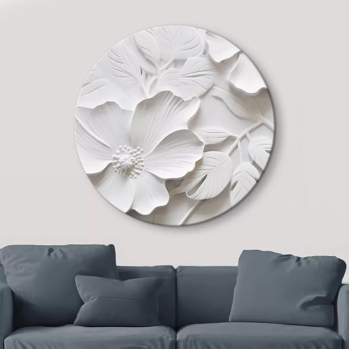 Runde Wandbilder Dekorative minimalistische weiße Blumen mit Blättern, Relief-Imitation, weißer Hintergrund r45180