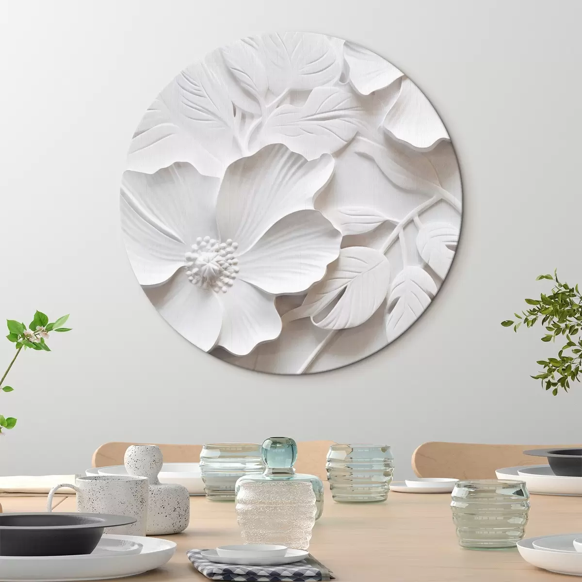 Runde Wandbilder Dekorative minimalistische weiße Blumen mit Blättern, Relief-Imitation, weißer Hintergrund r45180
