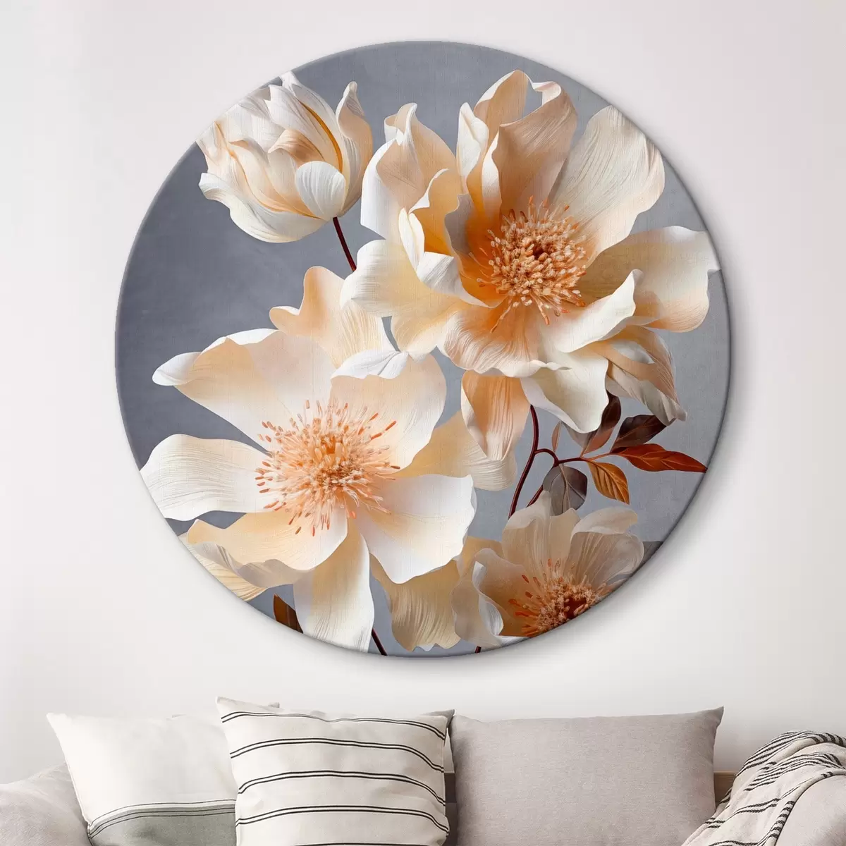 Runde Wandbilder Texturierte Blumen mit orangefarbenen Blütenstempeln und orangefarbenen Blättern auf grauem Hintergrund, weiches Licht, elegant, detailliert, realistisch r45181