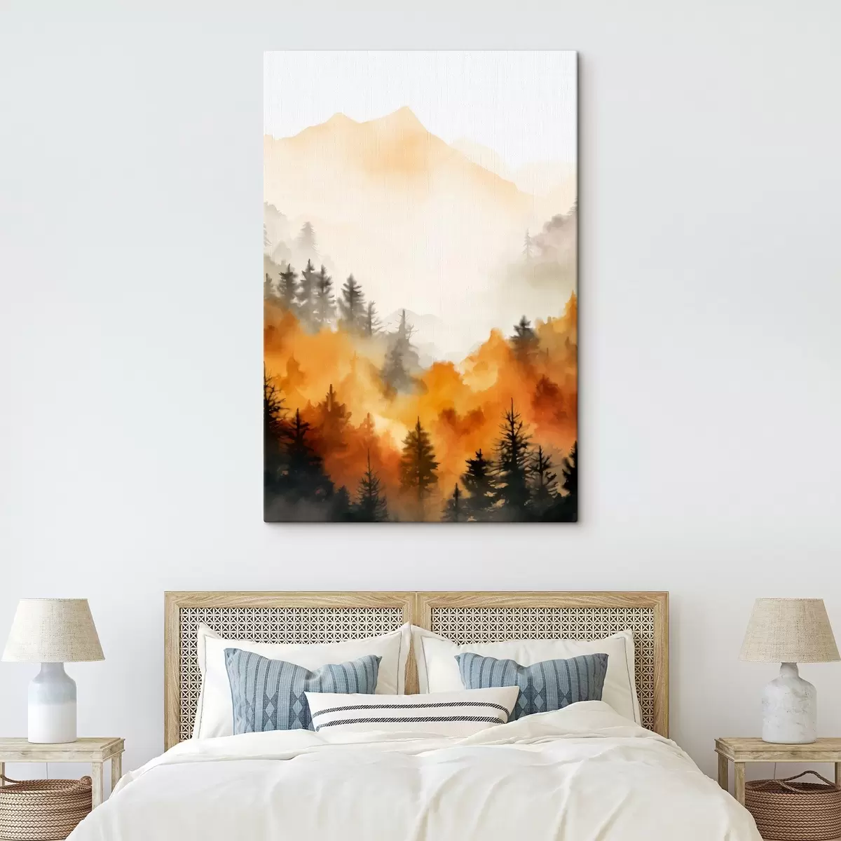 Fototapete Eine Landschaft Aquarell Malerei Nachahmung eines Waldes mit hohen Kiefern und Berge im Hintergrund s45169