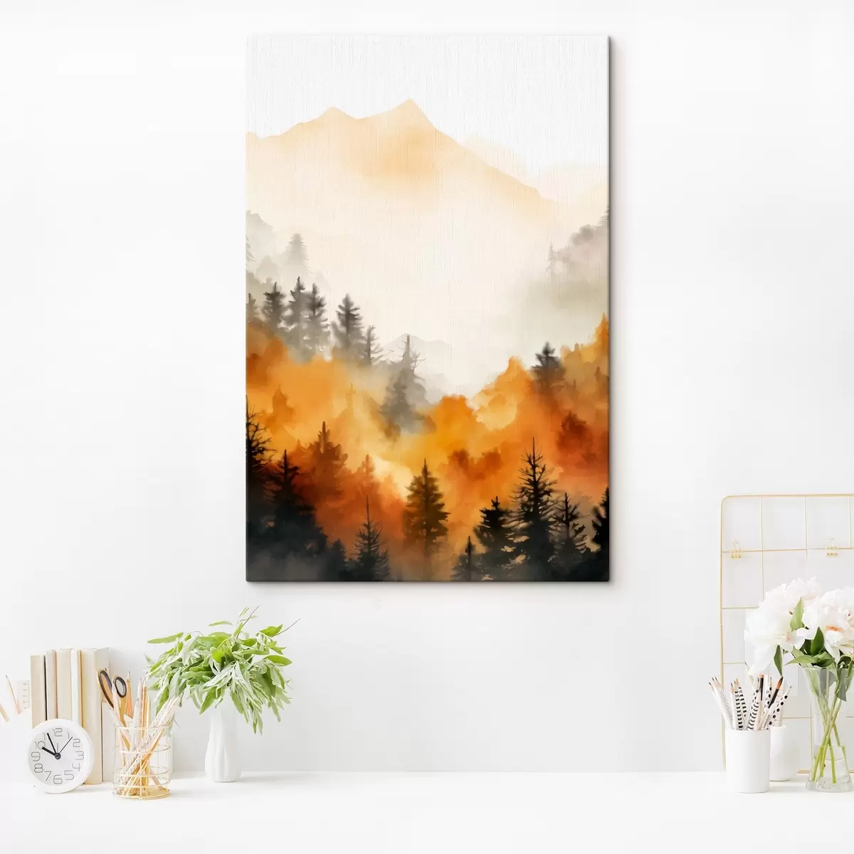 Fototapete Eine Landschaft Aquarell Malerei Nachahmung eines Waldes mit hohen Kiefern und Berge im Hintergrund s45169