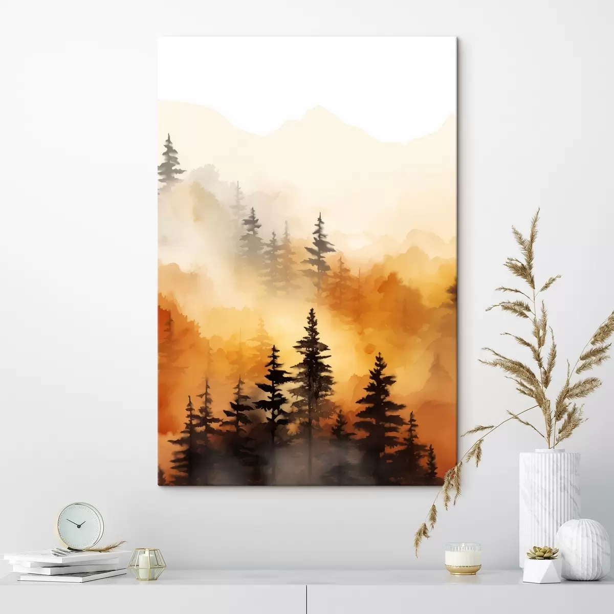 Fototapete Eine Landschaft Aquarell Malerei Nachahmung eines Waldes mit hohen Kiefern und Berge im Hintergrund s45170