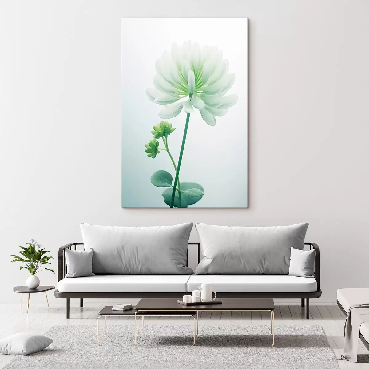 Fototapete Weißer Klee Blume mit grünen Stiel und Blätter, weiche Beleuchtung, sauberen Hintergrund, minimalistische Komposition, botanische s45171