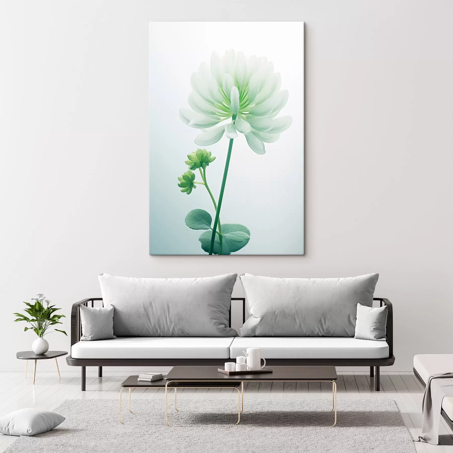 Fototapete Weißer Klee Blume mit grünen Stiel und Blätter, weiche Beleuchtung, sauberen Hintergrund, minimalistische Komposition, botanische s45171