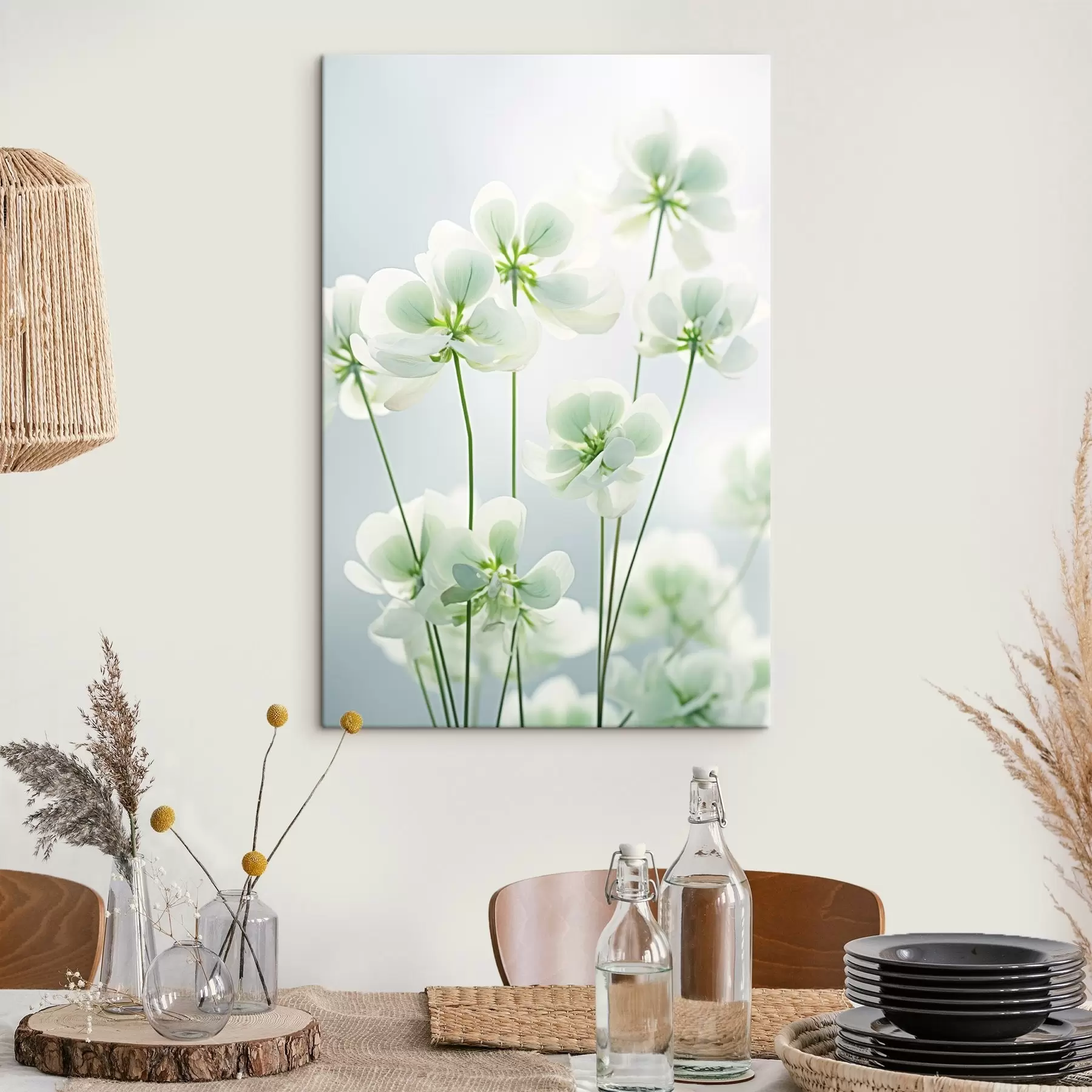 Fototapete Weißer Klee Blumen mit grünen Stiel und Blätter, weiche Beleuchtung, sauberen Hintergrund, minimalistische Komposition, botanische s45172