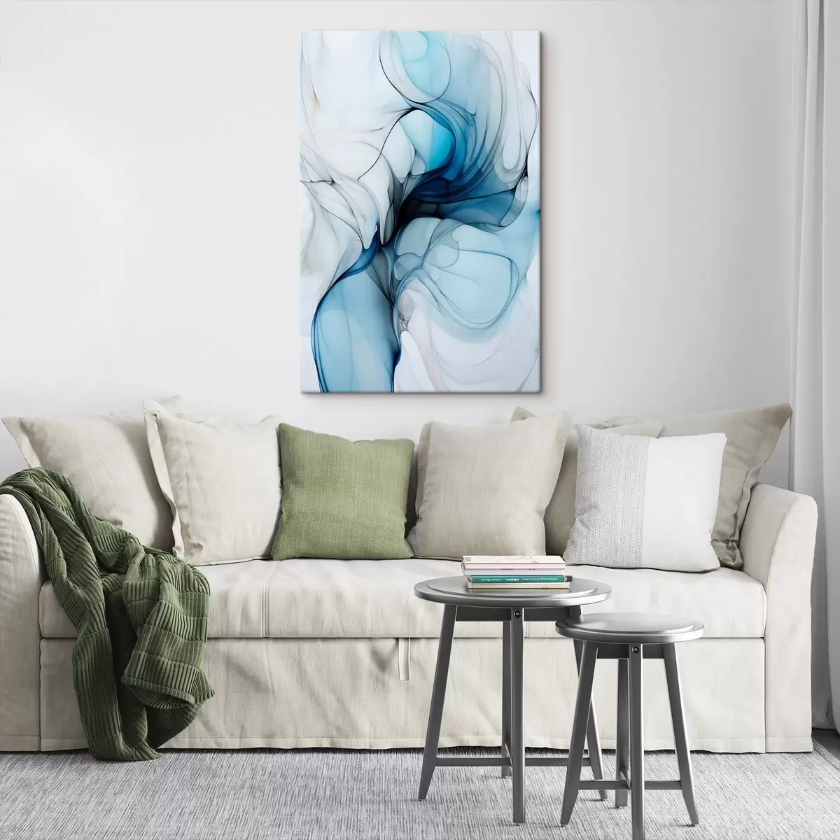 Fototapete Abstrakte Komposition mit fließenden Linien und durchscheinenden Blütenblättern in blauen, weißen und beigen Farbtönen, Alkoholtintenimitation s45178