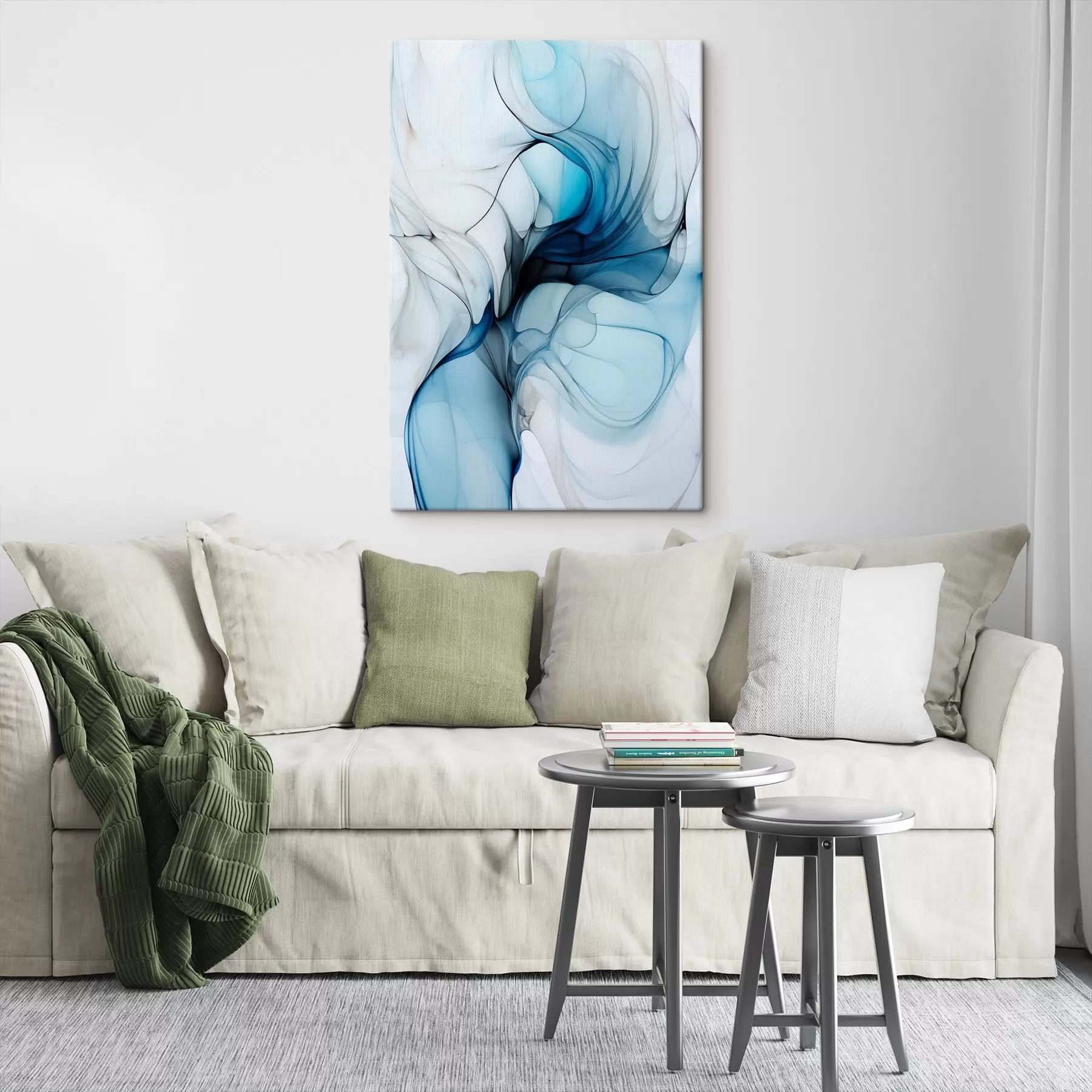 Fototapete Abstrakte Komposition mit fließenden Linien und durchscheinenden Blütenblättern in blauen, weißen und beigen Farbtönen, Alkoholtintenimitation s45178