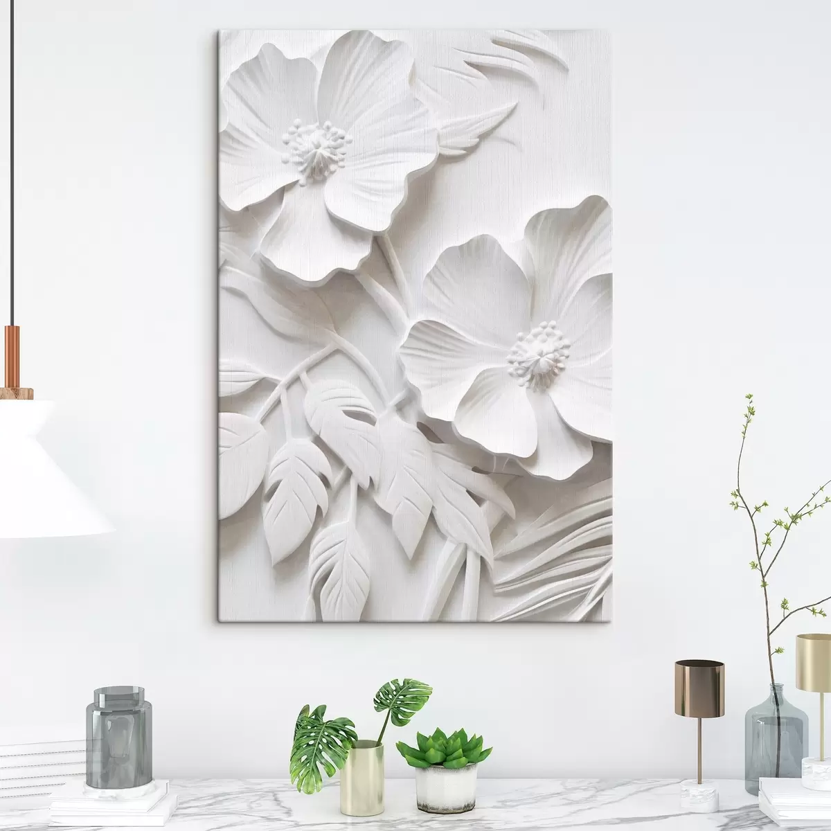 Fototapete Dekorative minimalistische weiße Blumen mit Blättern, Relief-Imitation, weißer Hintergrund s45179
