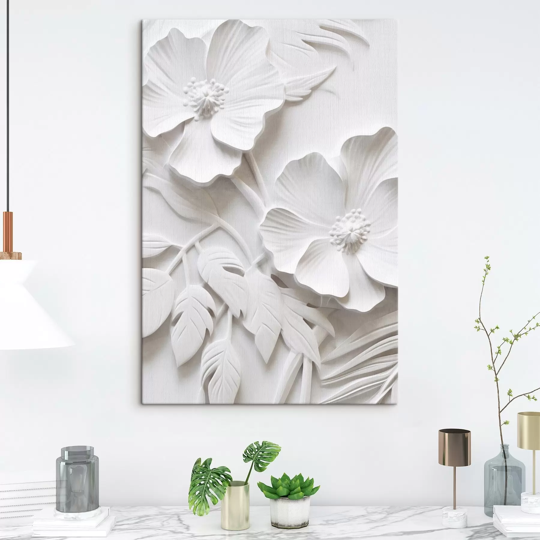 Fototapete Dekorative minimalistische weiße Blumen mit Blättern, Relief-Imitation, weißer Hintergrund s45179