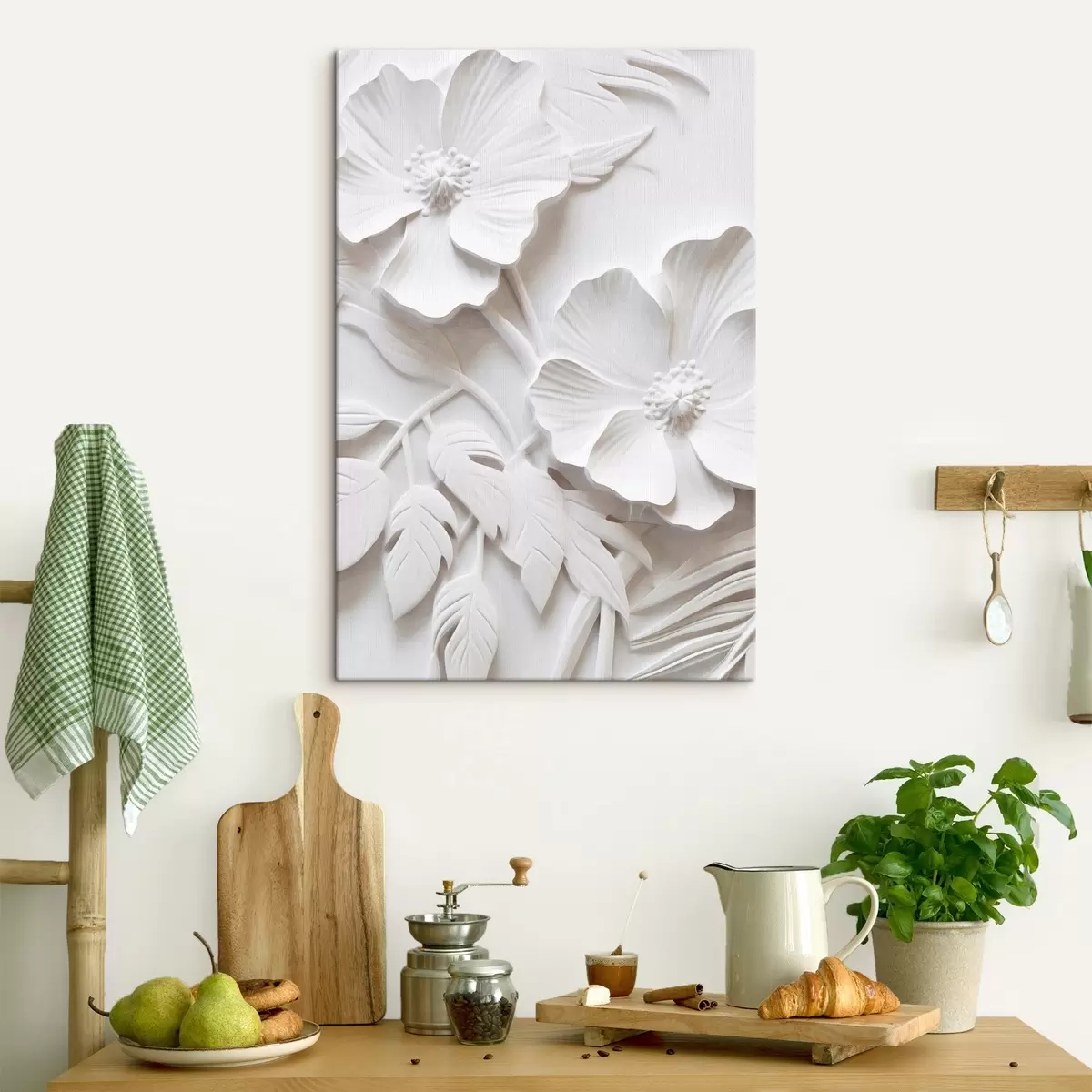 Fototapete Dekorative minimalistische weiße Blumen mit Blättern, Relief-Imitation, weißer Hintergrund s45179