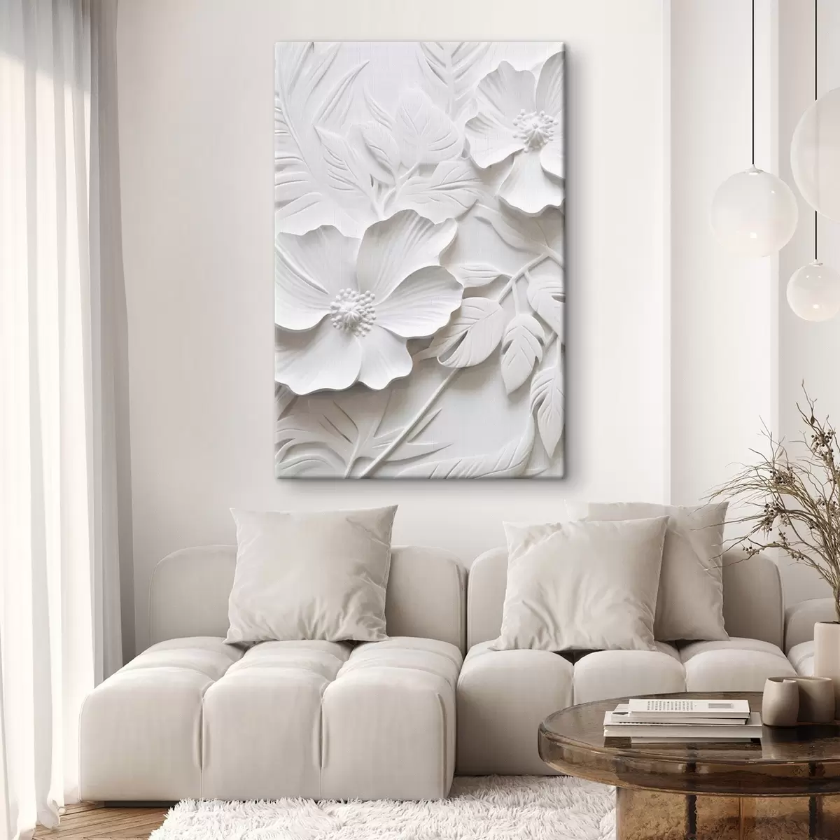 Fototapete Dekorative minimalistische weiße Blumen mit Blättern, Relief-Imitation, weißer Hintergrund s45180