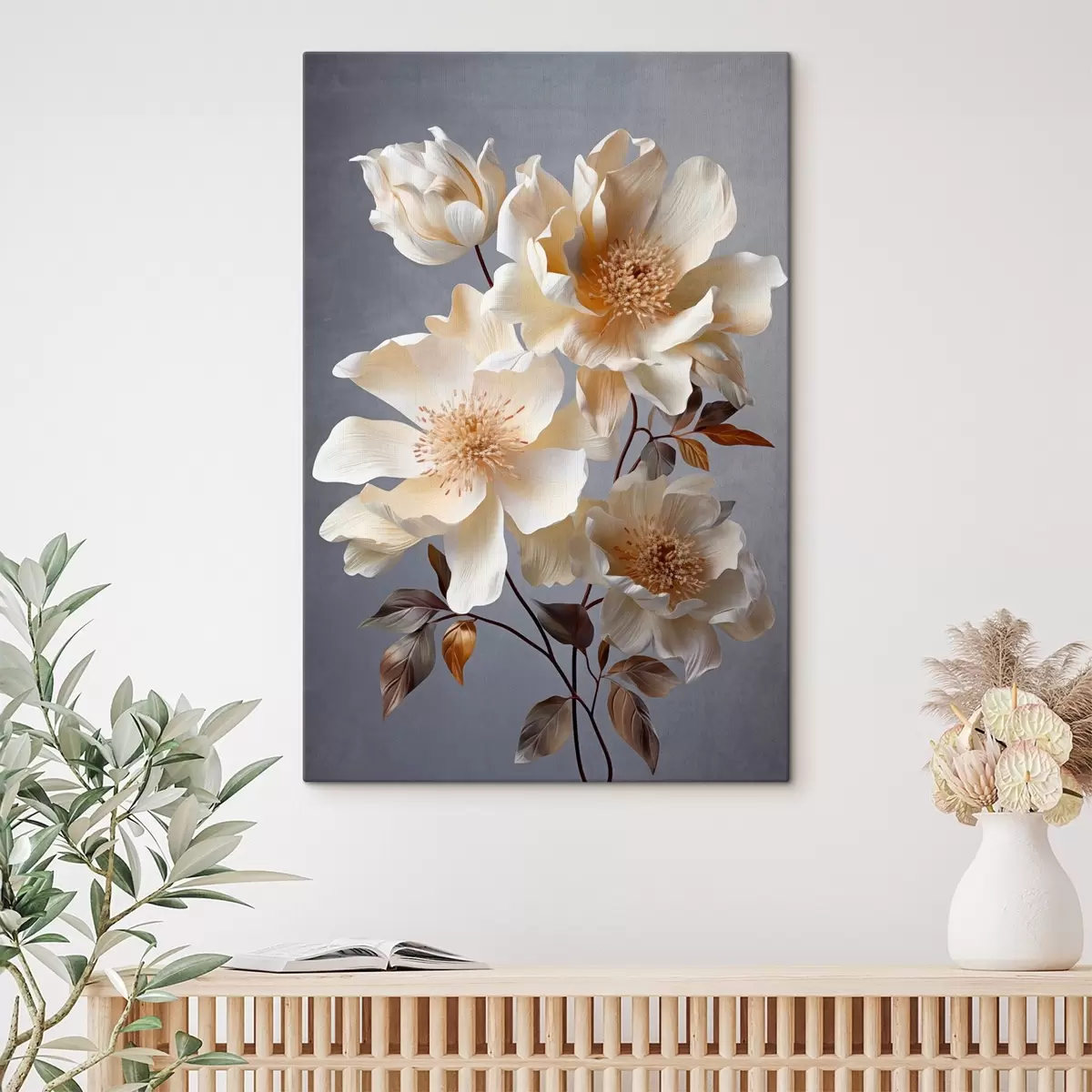 Fototapete Texturierte Blumen mit orangefarbenen Blütenstempeln und orangefarbenen Blättern auf grauem Hintergrund, weiches Licht, elegant, detailliert, realistisch s45181