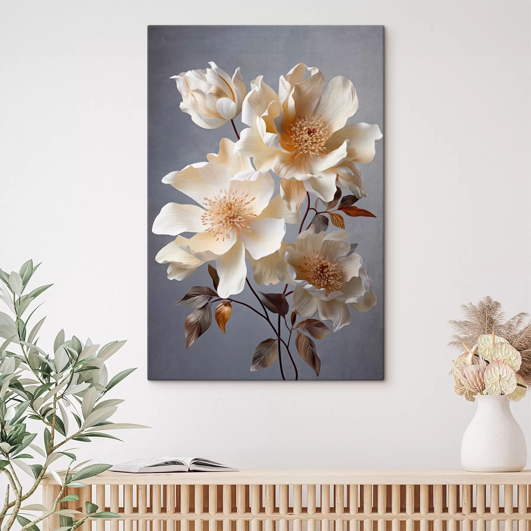 Fototapete Texturierte Blumen mit orangefarbenen Blütenstempeln und orangefarbenen Blättern auf grauem Hintergrund, weiches Licht, elegant, detailliert, realistisch s45181