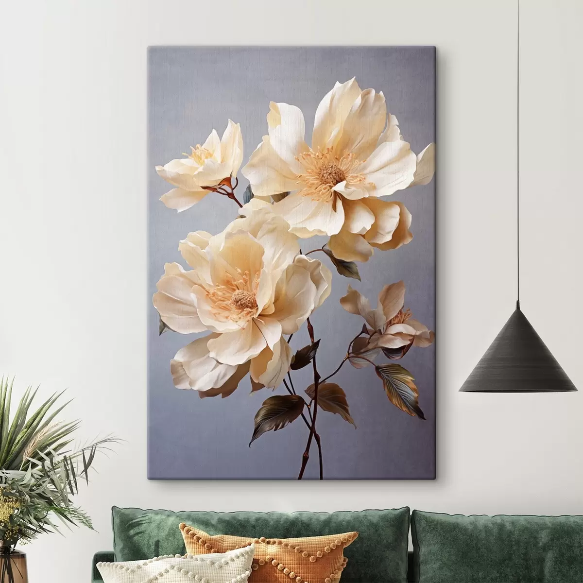 Fototapete Texturierte Blumen mit orangefarbenen Blütenstempeln und orangefarbenen Blättern auf grauem Hintergrund, weiches Licht, elegant, detailliert, realistisch s45182