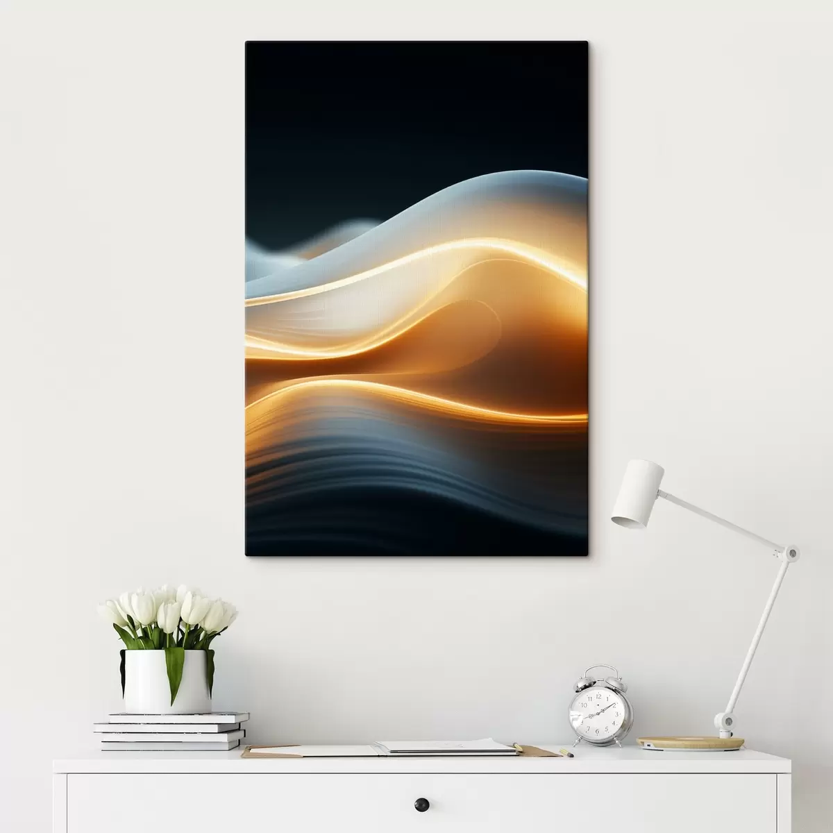 Fototapete Abstrakte fließende Formen mit orangefarbenen Linien, glatte Kurven und Linien, dynamische Komposition, dunkler Hintergrund s45183