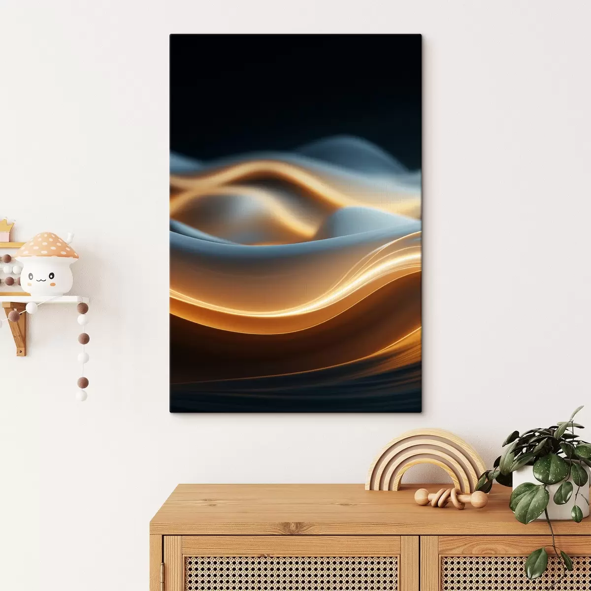 Fototapete Abstrakte fließende Formen mit orangefarbenen Linien, glatte Kurven und Linien, dynamische Komposition, dunkler Hintergrund s45184