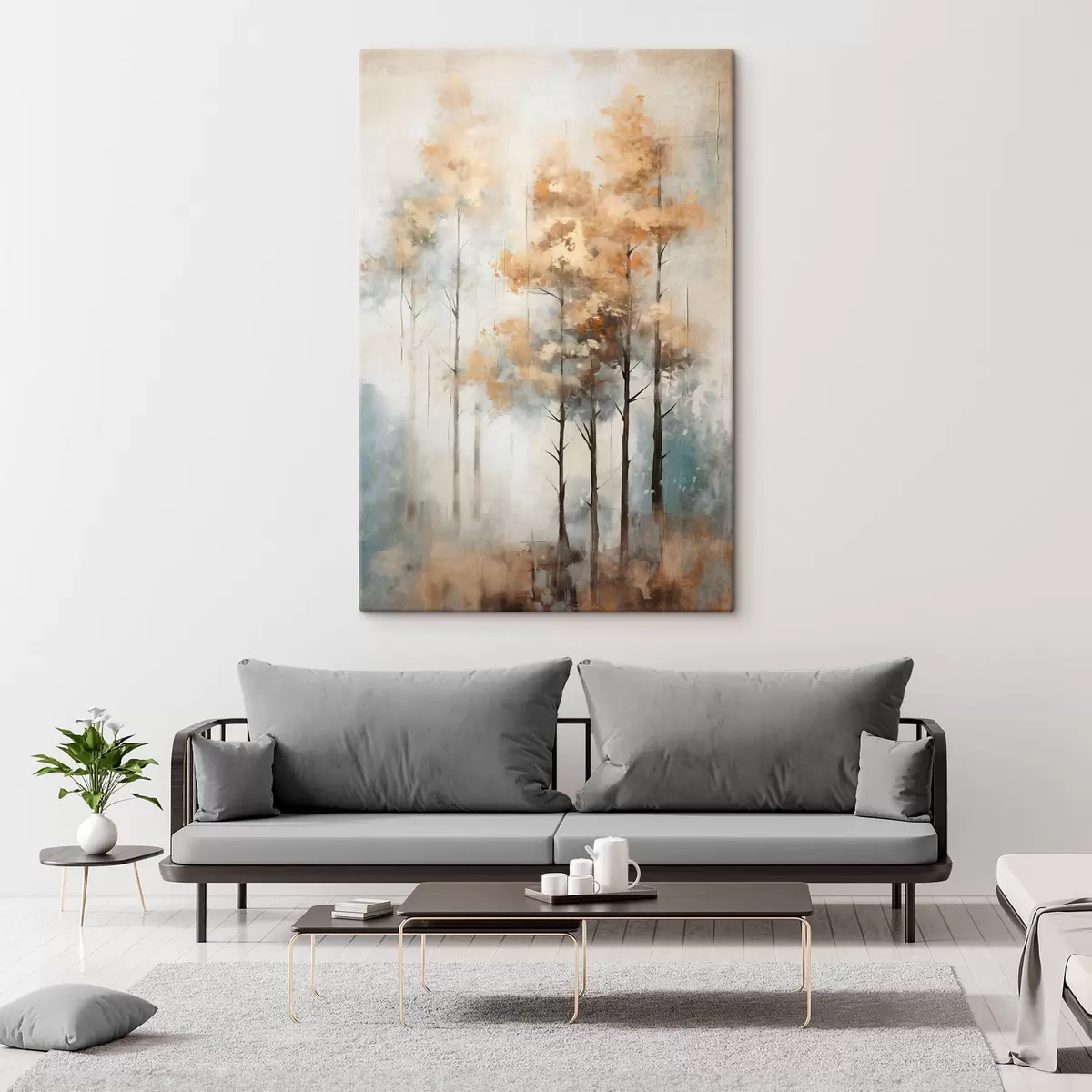 Fototapete Texturierte hohe Bäume mit gelben Blättern in einem Wald, der Hintergrund ist eine Mischung aus weichen Blau- und Brauntönen s45187