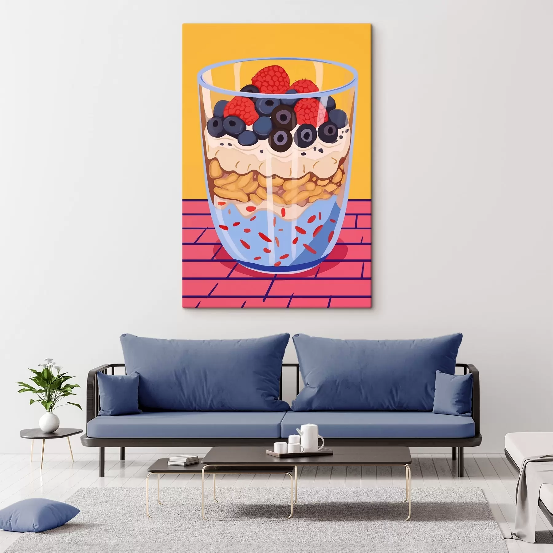 Fototapete Glas mit Joghurt, Beeren und Müsli s45216