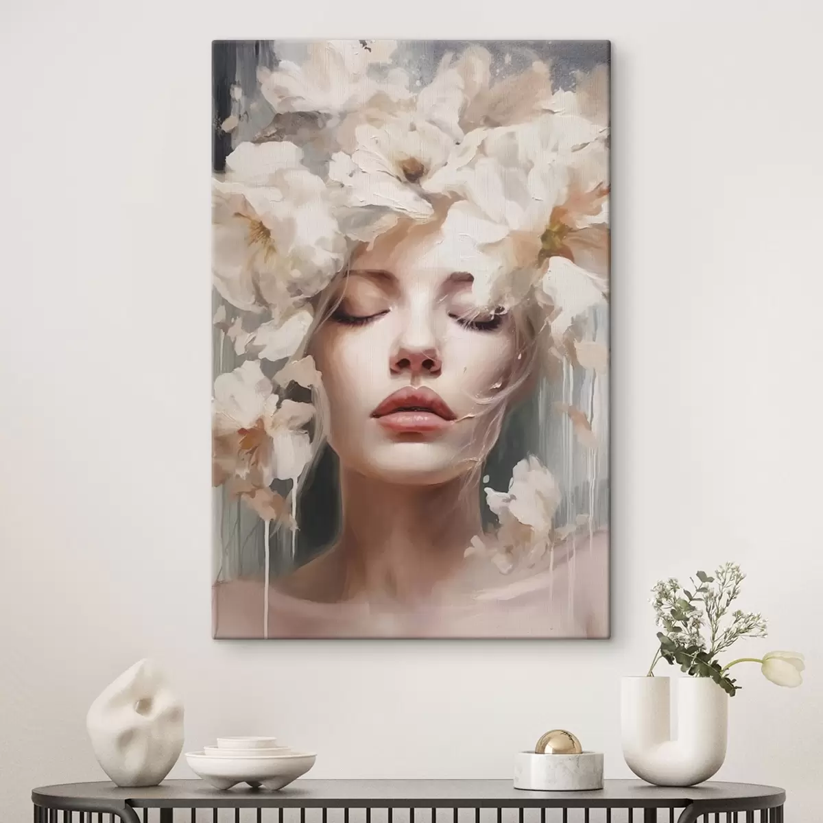Fototapete Weibliches Porträt mit weißen Blumen s45218