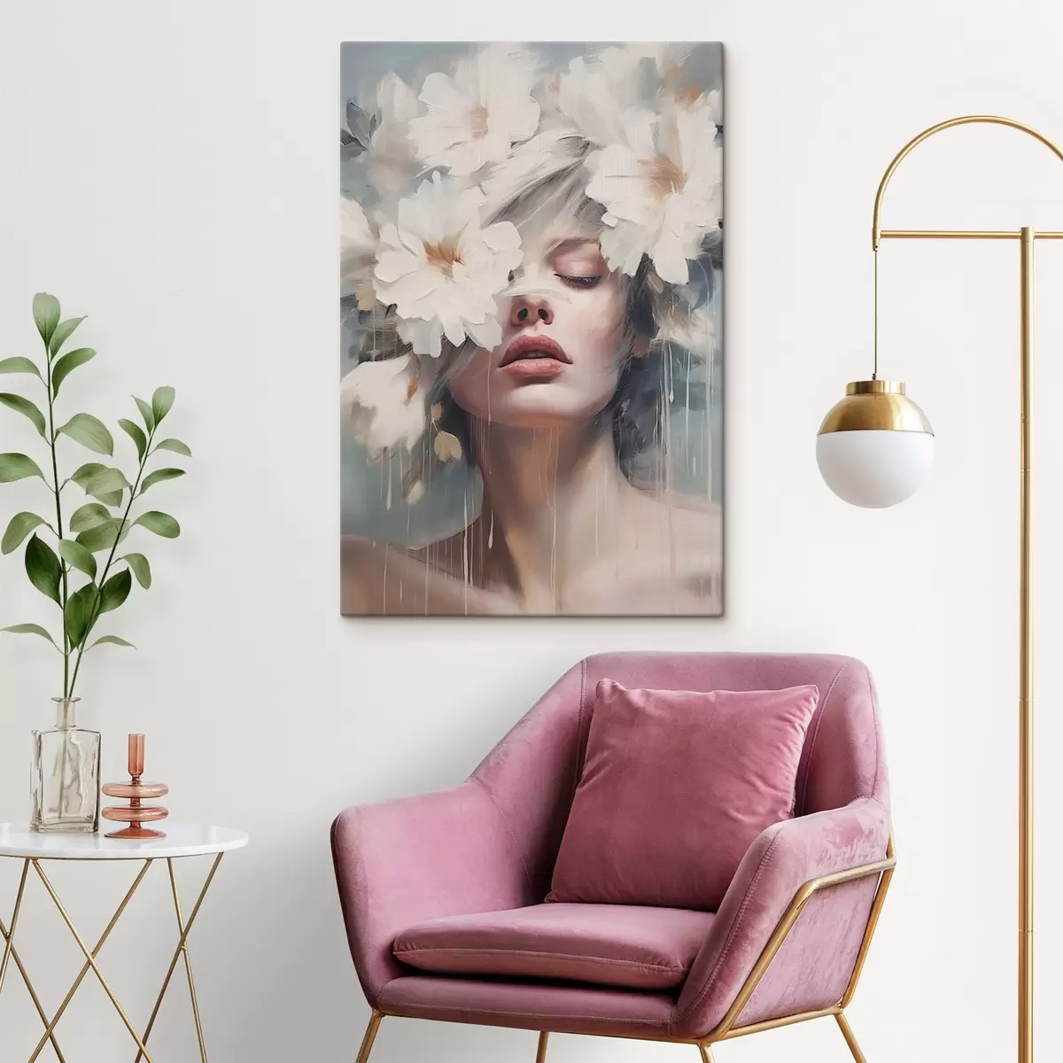 Fototapete Weibliches Porträt mit weißen Blumen s45219