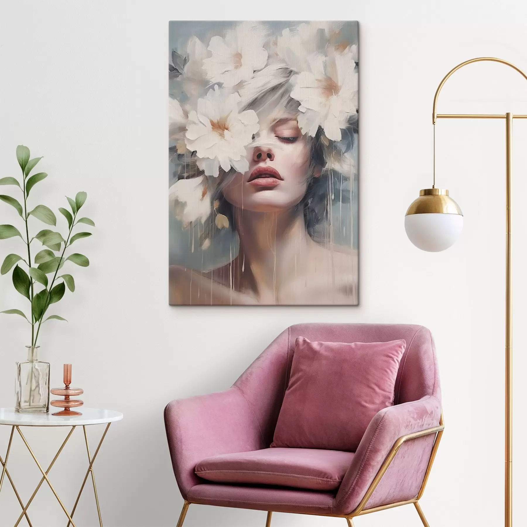 Fototapete Weibliches Porträt mit weißen Blumen s45219