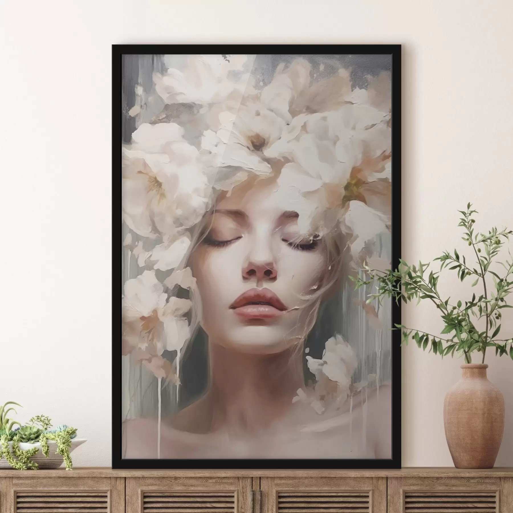 Fototapete Weibliches Porträt mit weißen Blumen f45218