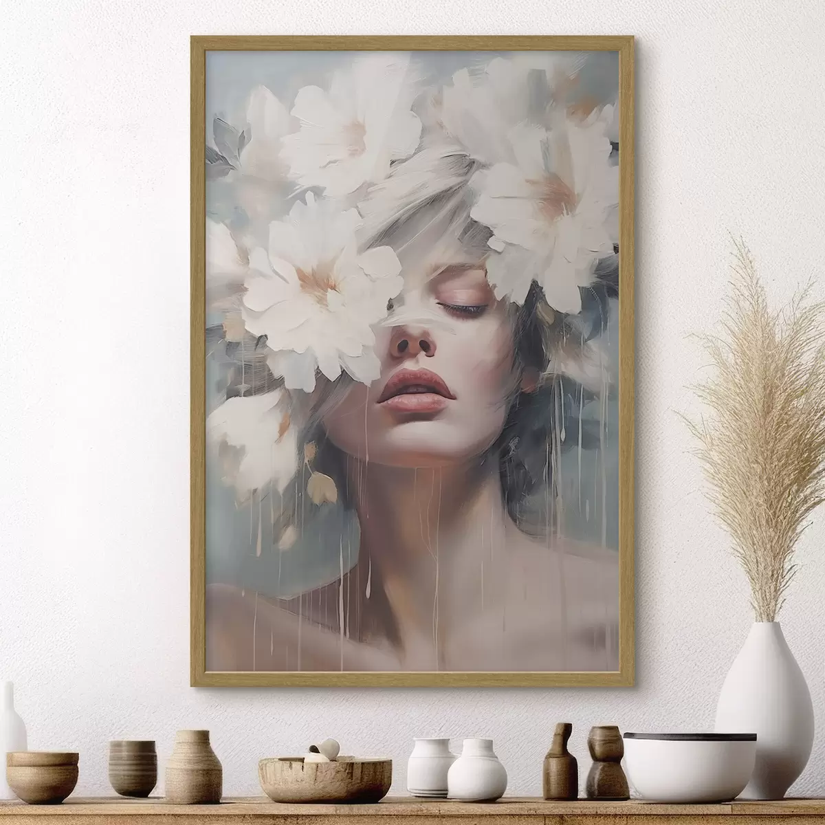Poster Weibliches Porträt mit weißen Blumen f45219