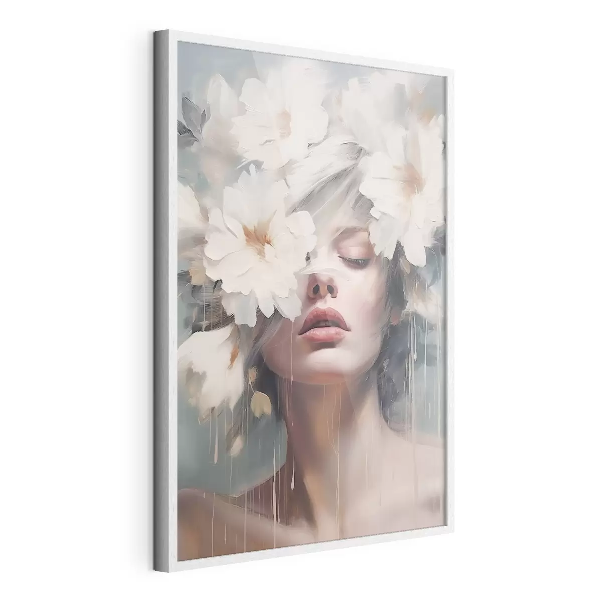 Poster Weibliches Porträt mit weißen Blumen f45219