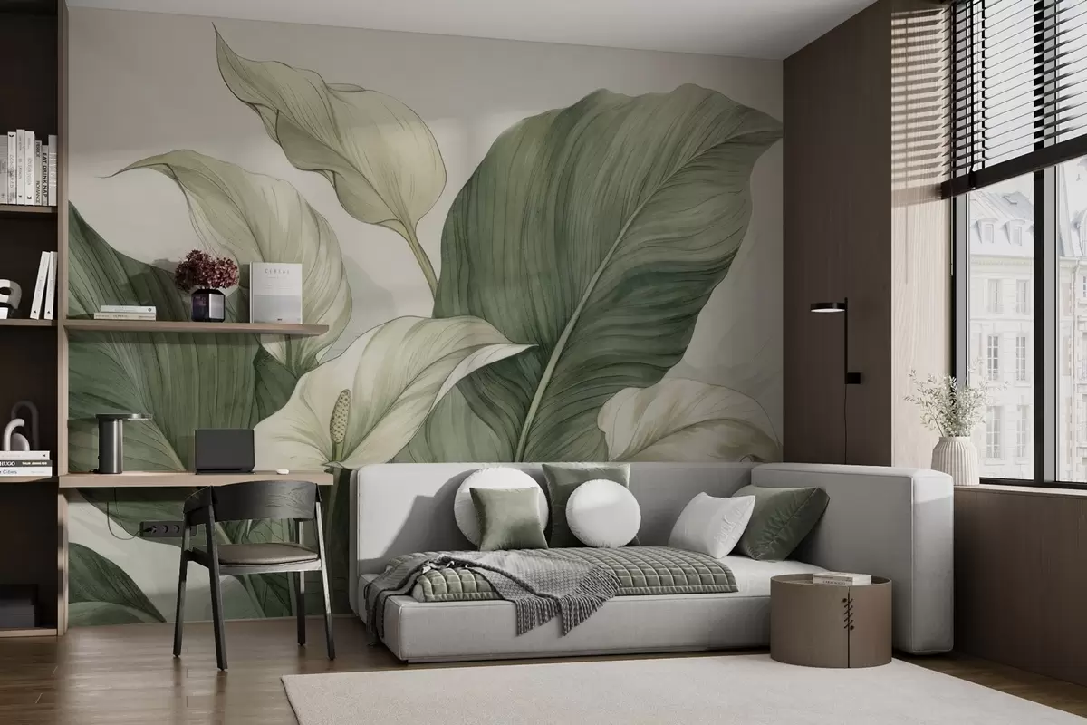 Fototapete Nahaufnahme einer blühenden Spathiphyllum mit großen Blättern w04263