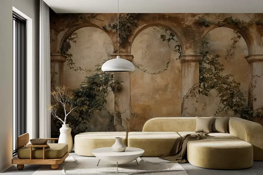 Fototapete getönte Retrobögen mit Efeu w04304