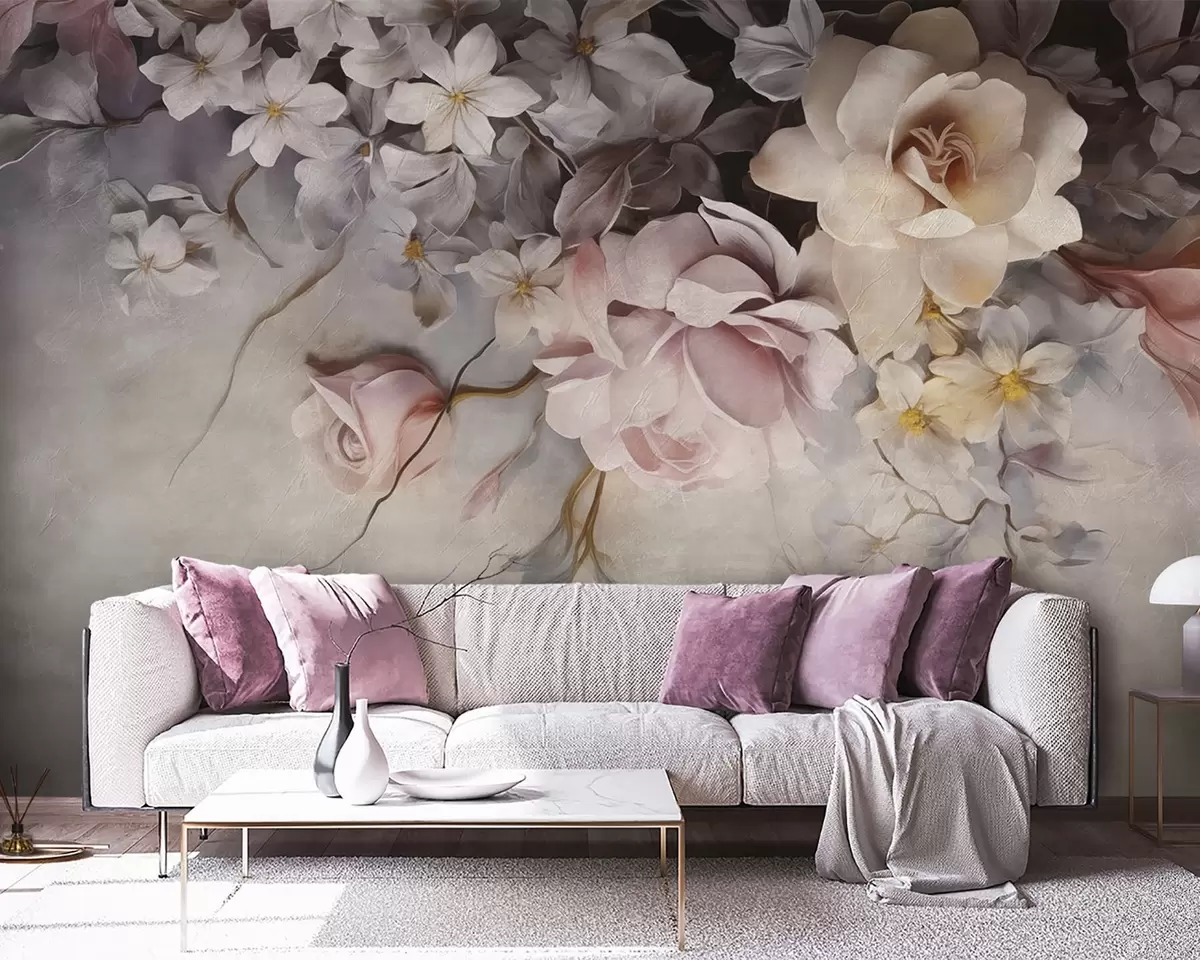 Fototapete Große, an der Wand hängende Blumen auf einem Betonhintergrund w09184
