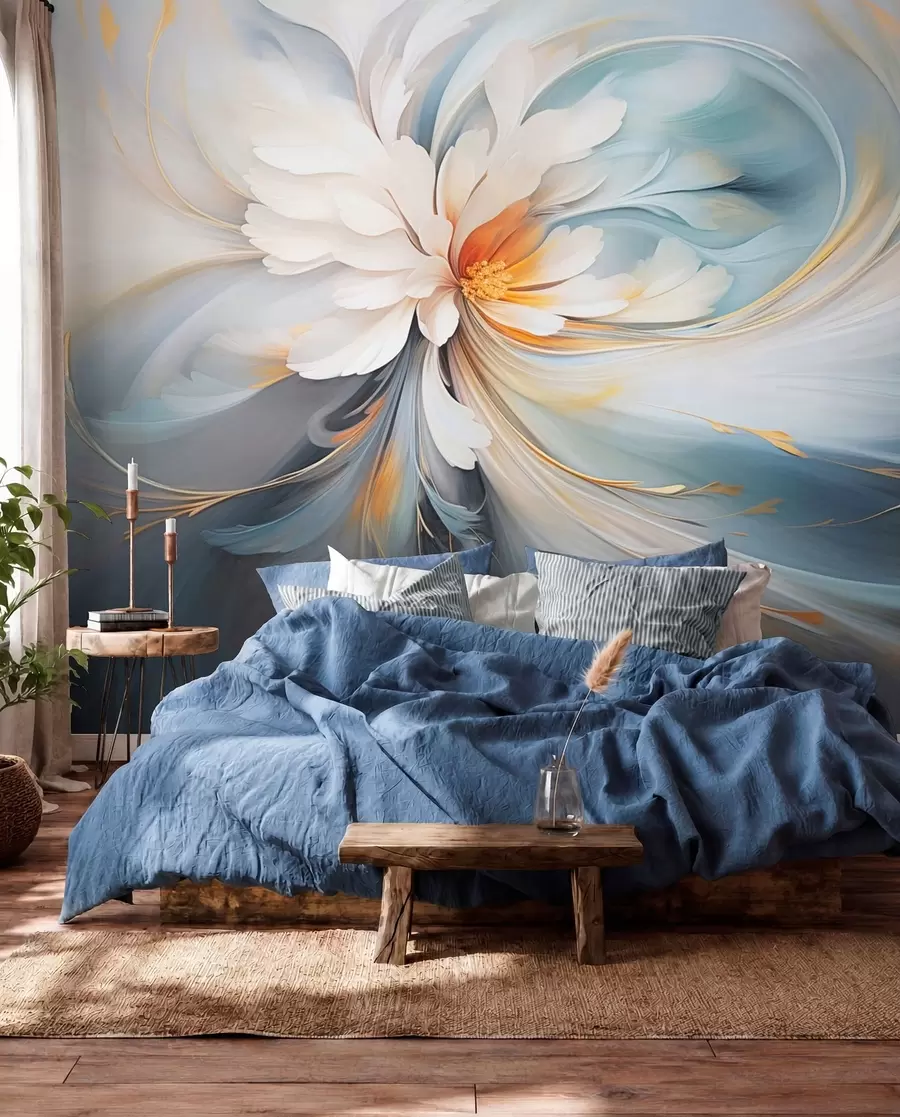 Fototapete Abstrakte Blume in sanften Blau- und Orangetönen w09270
