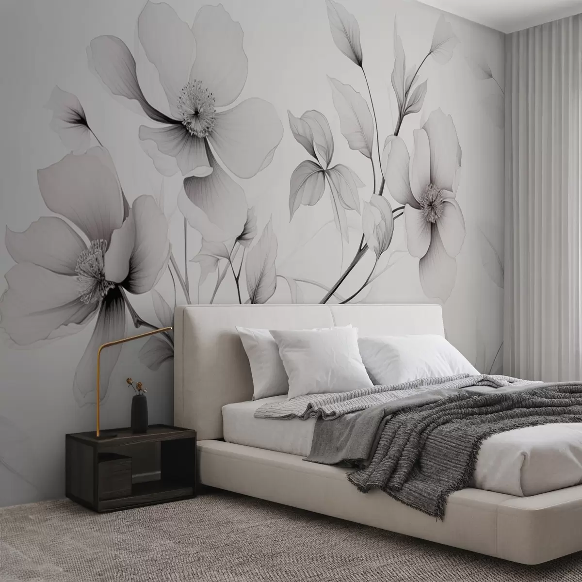 Fototapete Schwarze und weiße Blumen mit eleganten Linien auf einem grauen Hintergrund w09271