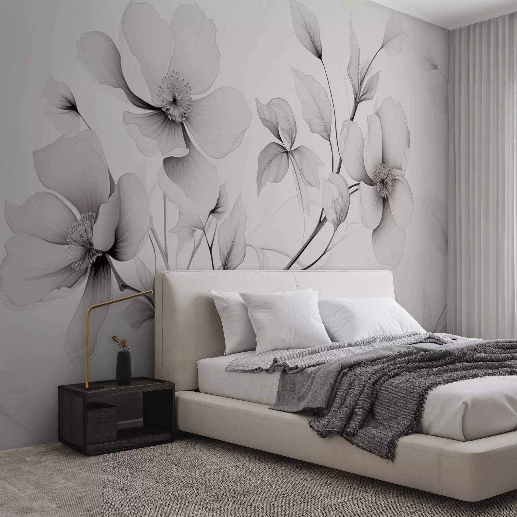 Fototapete Schwarze und weiße Blumen mit eleganten Linien auf einem grauen Hintergrund w09271