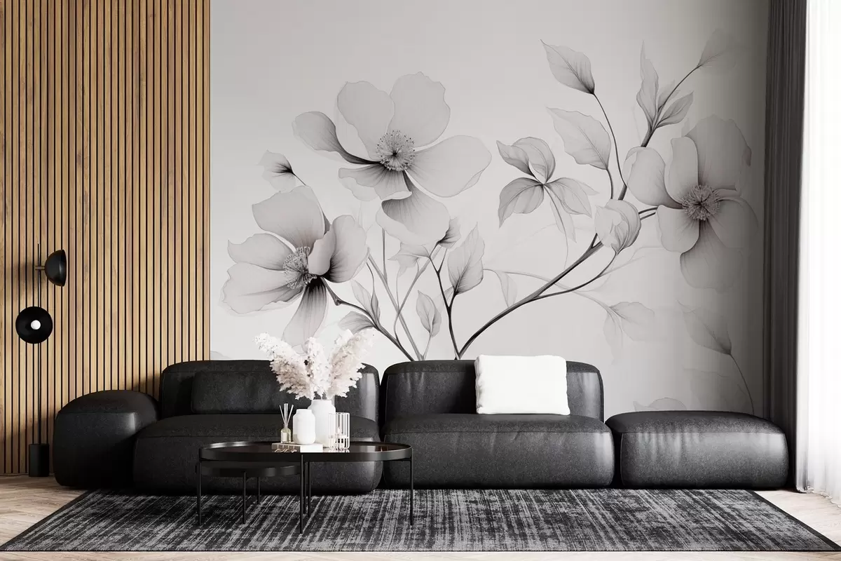 Fototapete Schwarze und weiße Blumen mit eleganten Linien auf einem grauen Hintergrund w09271