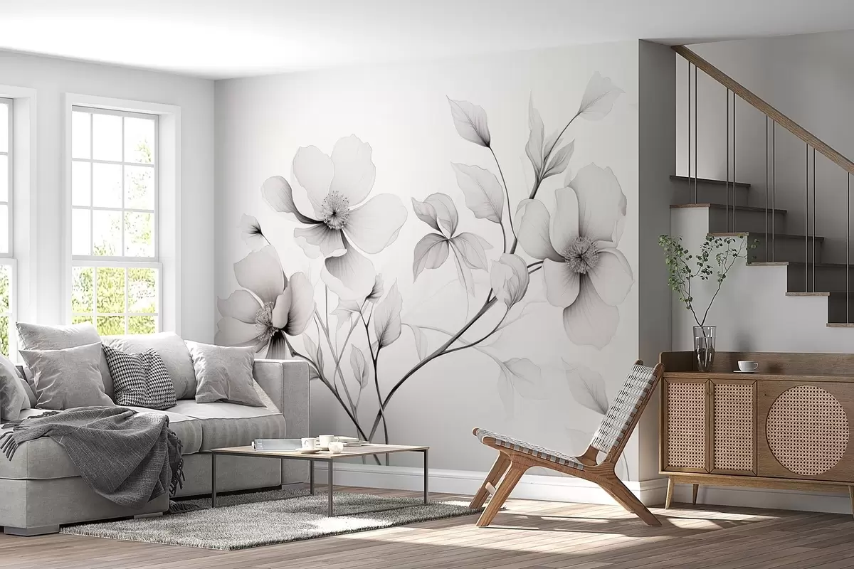 Fototapete Schwarze und weiße Blumen mit eleganten Linien auf einem grauen Hintergrund w09271